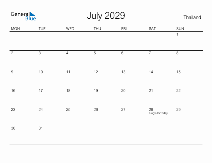 Printable July 2029 Calendar for Thailand
