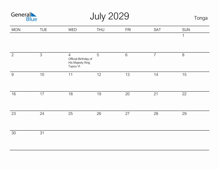 Printable July 2029 Calendar for Tonga