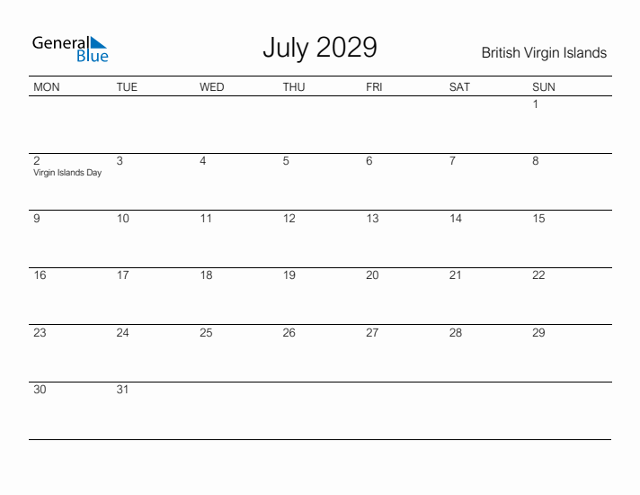 Printable July 2029 Calendar for British Virgin Islands
