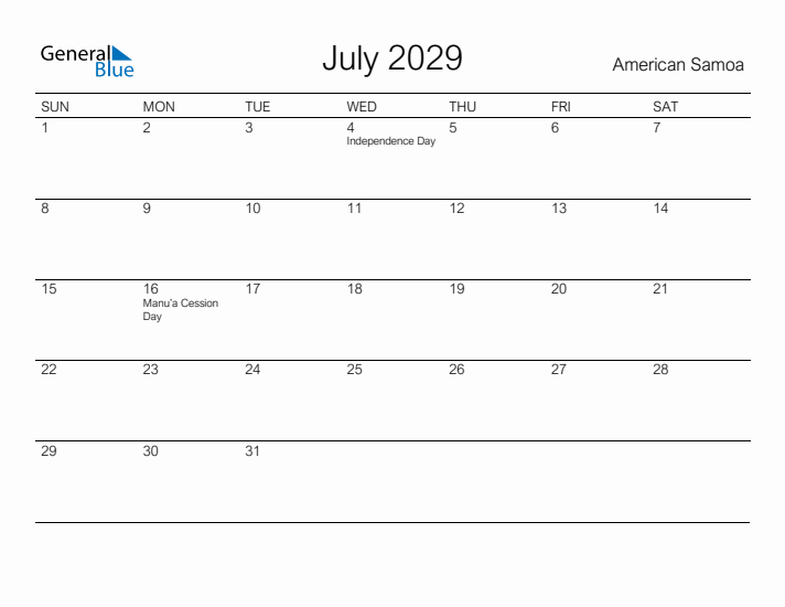 Printable July 2029 Calendar for American Samoa
