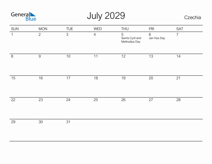 Printable July 2029 Calendar for Czechia