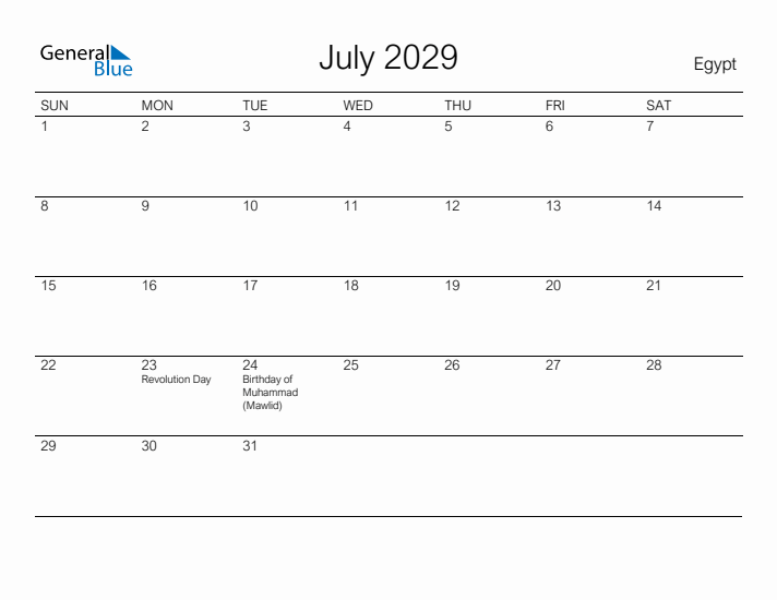 Printable July 2029 Calendar for Egypt