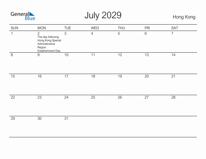 Printable July 2029 Calendar for Hong Kong