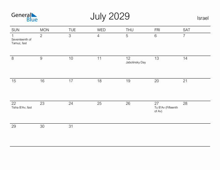 Printable July 2029 Calendar for Israel