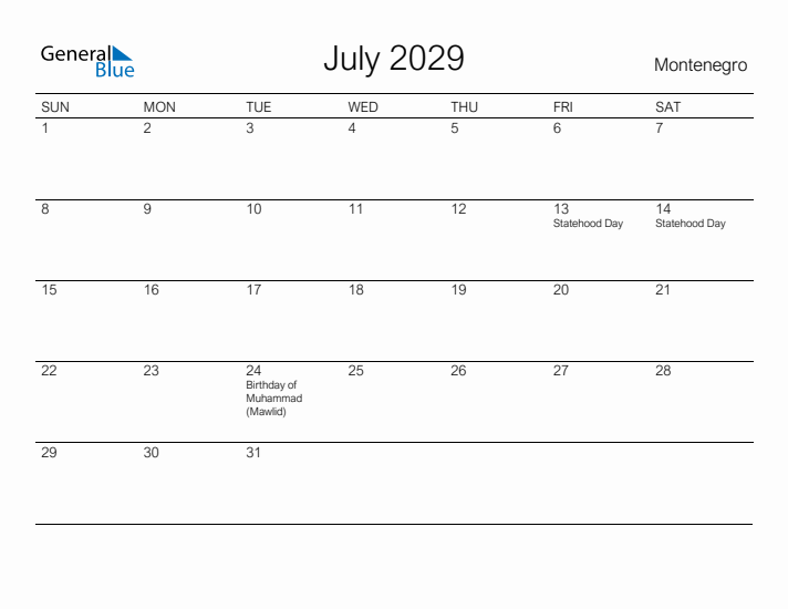 Printable July 2029 Calendar for Montenegro