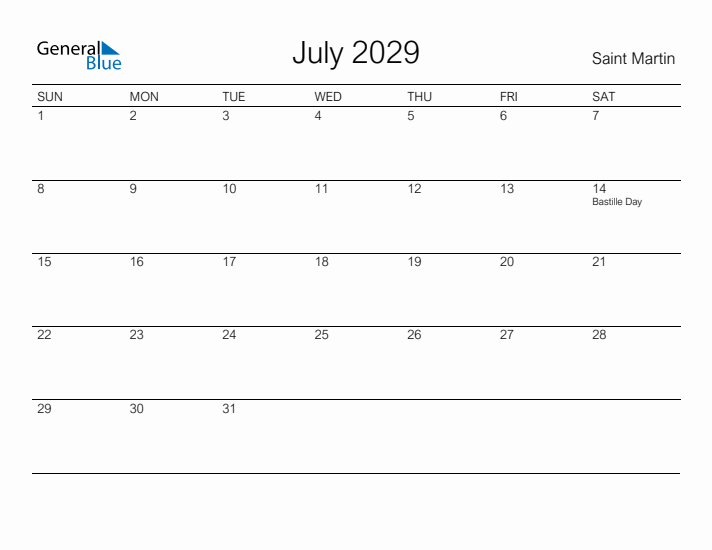 Printable July 2029 Calendar for Saint Martin