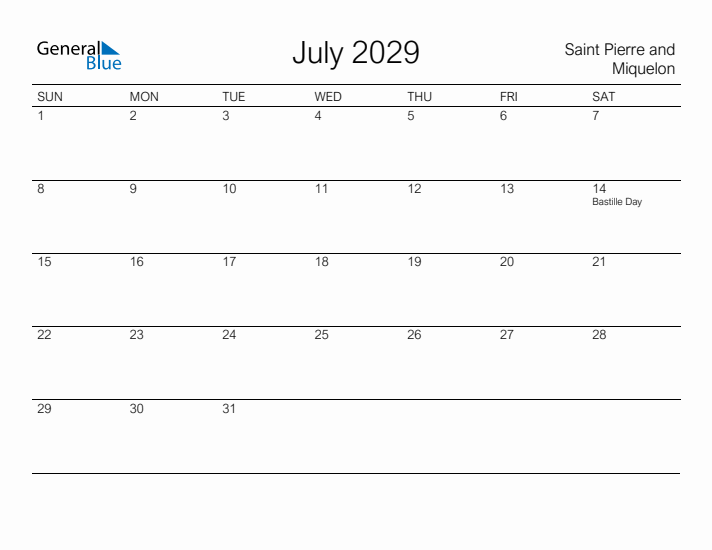Printable July 2029 Calendar for Saint Pierre and Miquelon