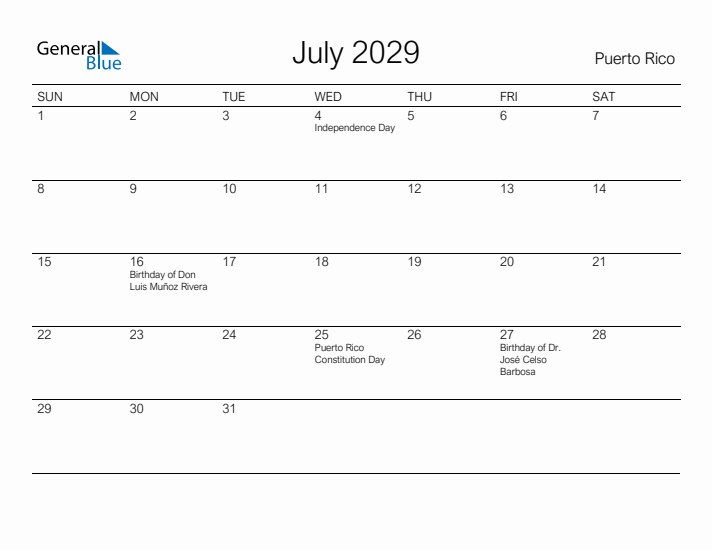 Printable July 2029 Calendar for Puerto Rico