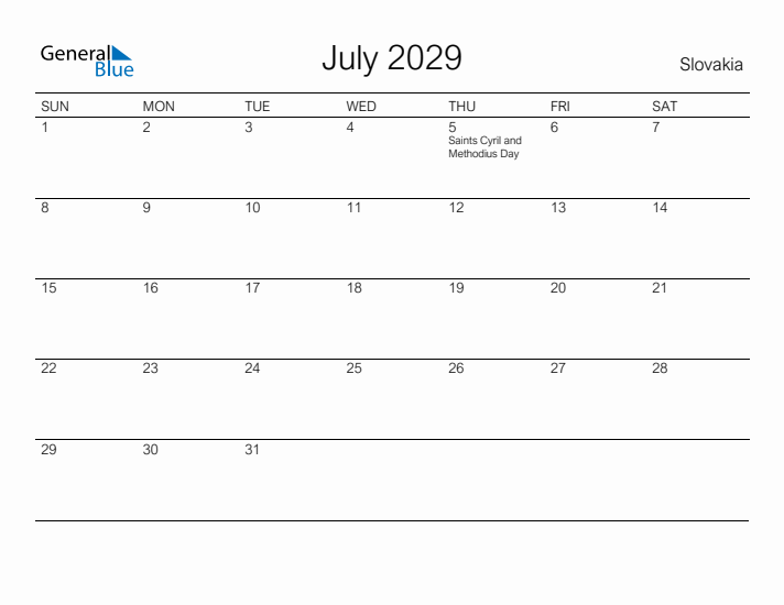 Printable July 2029 Calendar for Slovakia
