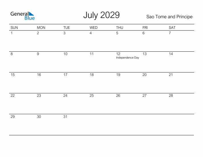 Printable July 2029 Calendar for Sao Tome and Principe