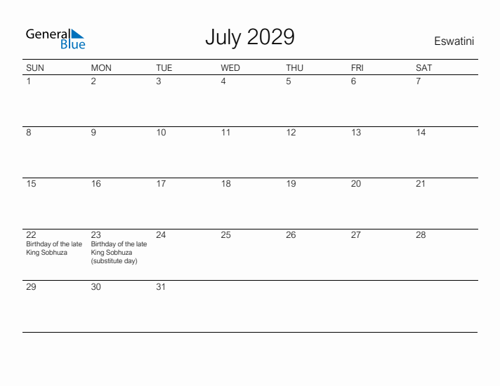 Printable July 2029 Calendar for Eswatini