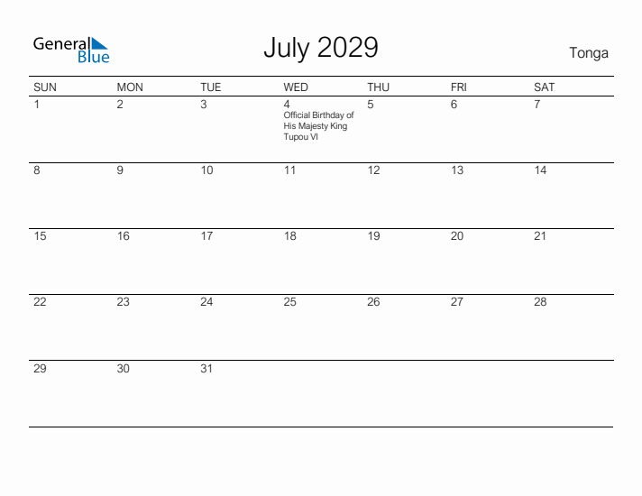 Printable July 2029 Calendar for Tonga