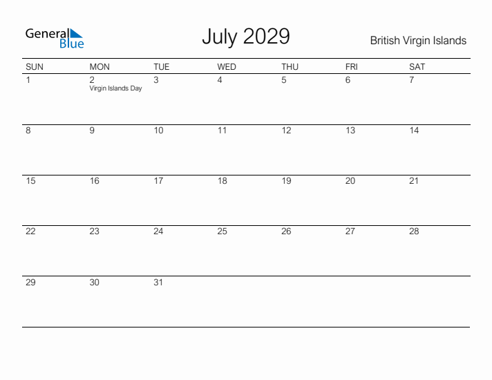 Printable July 2029 Calendar for British Virgin Islands