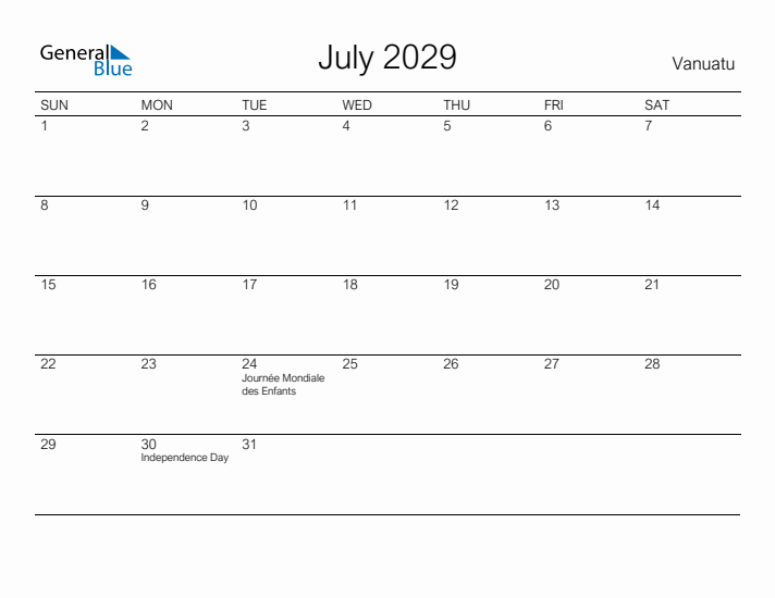 Printable July 2029 Calendar for Vanuatu