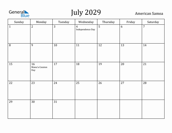 July 2029 Calendar American Samoa