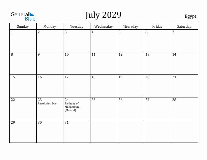 July 2029 Calendar Egypt