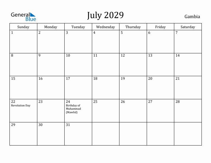 July 2029 Calendar Gambia