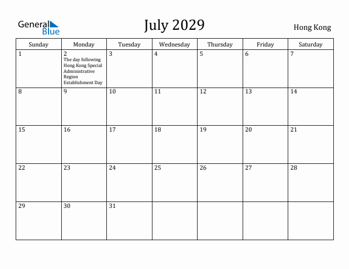 July 2029 Calendar Hong Kong