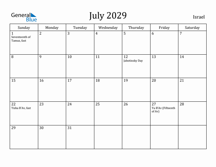 July 2029 Calendar Israel