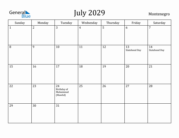 July 2029 Calendar Montenegro