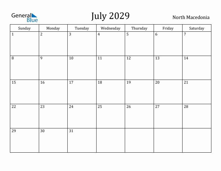 July 2029 Calendar North Macedonia
