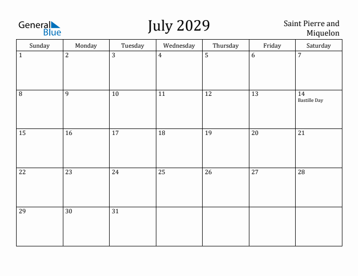 July 2029 Calendar Saint Pierre and Miquelon