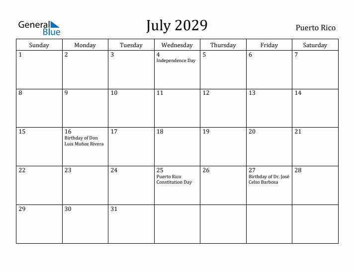 July 2029 Calendar Puerto Rico