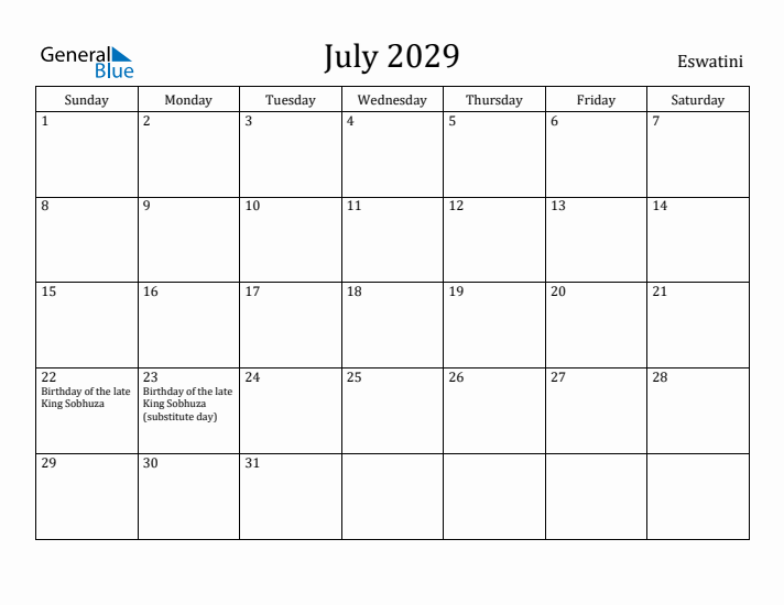 July 2029 Calendar Eswatini