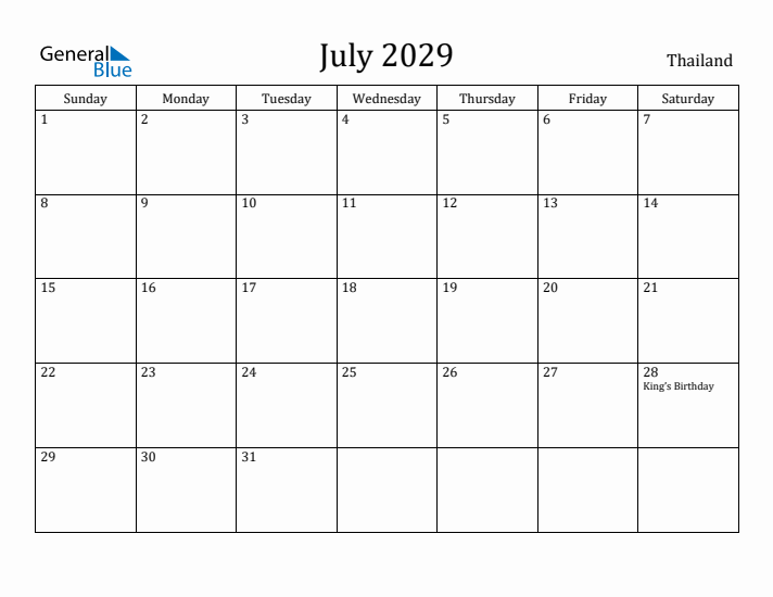 July 2029 Calendar Thailand