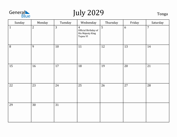 July 2029 Calendar Tonga