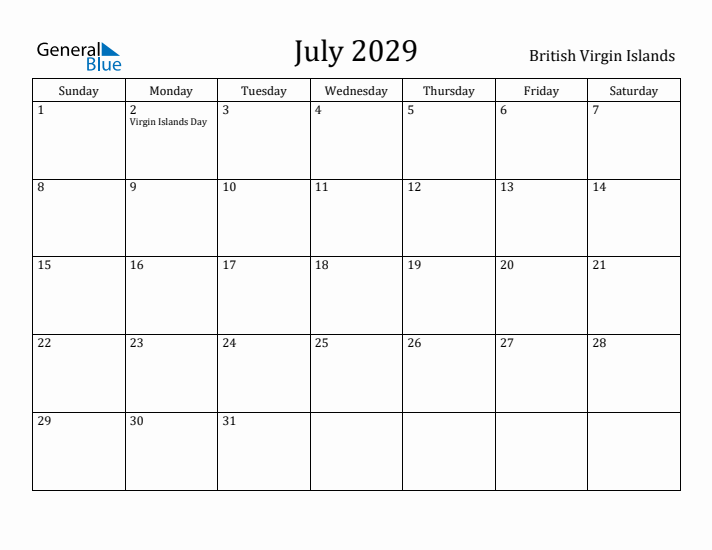 July 2029 Calendar British Virgin Islands