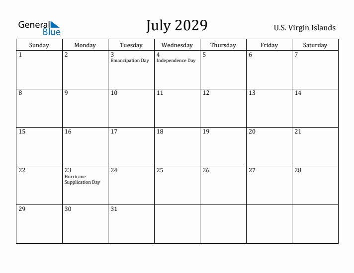 July 2029 Calendar U.S. Virgin Islands