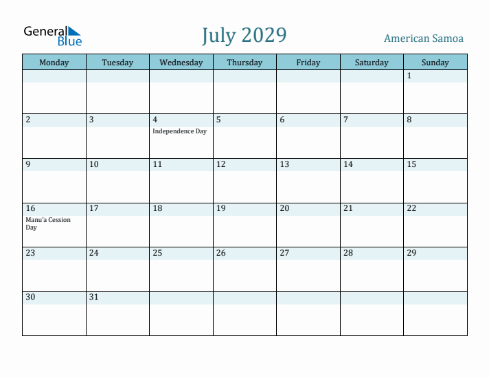 July 2029 Calendar with Holidays
