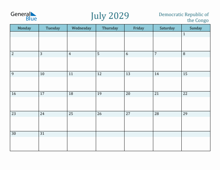July 2029 Calendar with Holidays