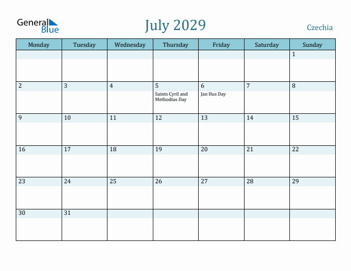 July 2029 Calendar with Holidays