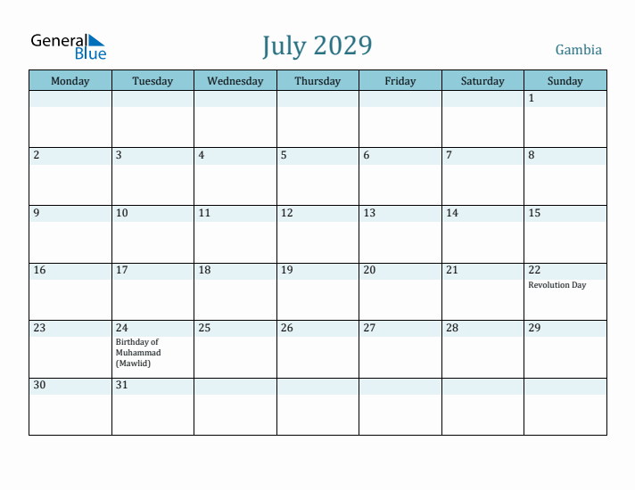 July 2029 Calendar with Holidays