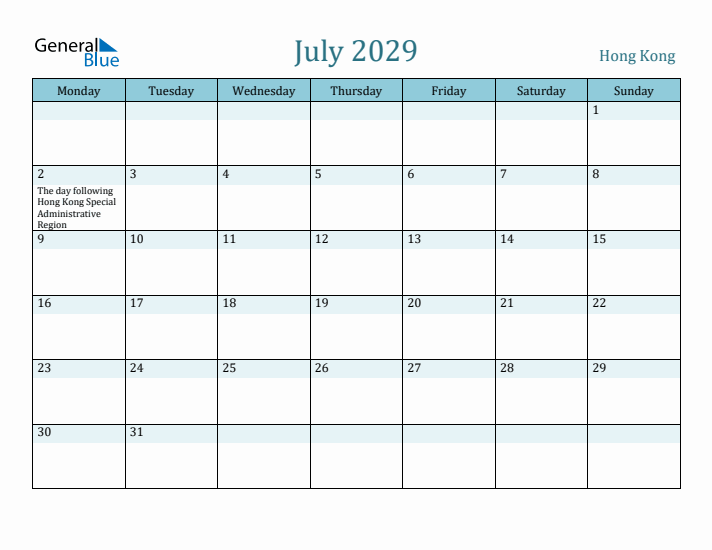 July 2029 Calendar with Holidays