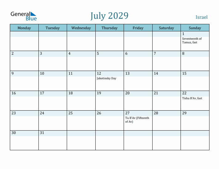July 2029 Calendar with Holidays