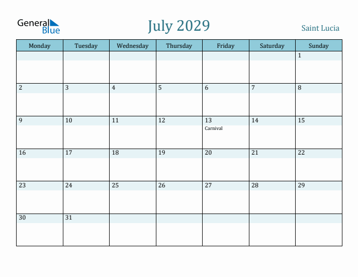 July 2029 Calendar with Holidays