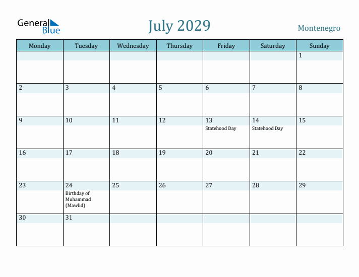 July 2029 Calendar with Holidays
