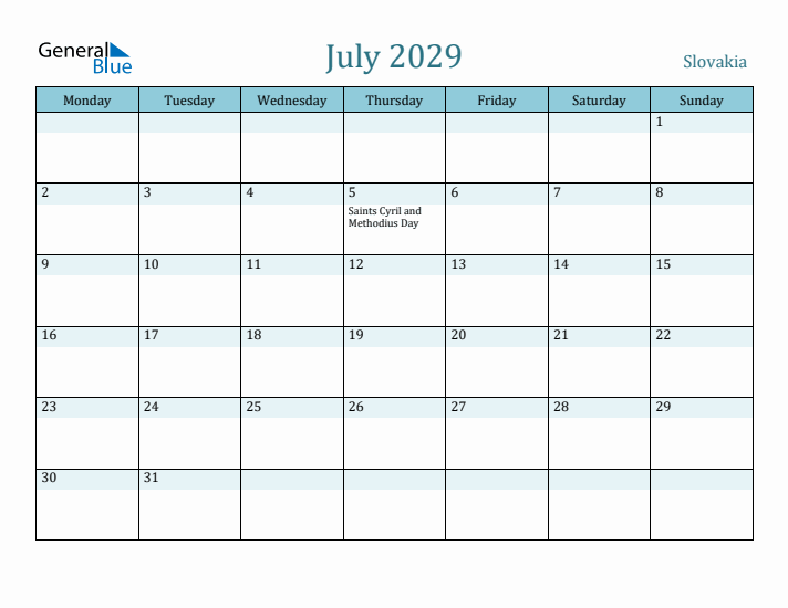 July 2029 Calendar with Holidays