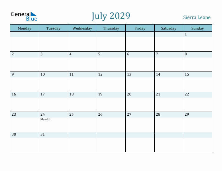 July 2029 Calendar with Holidays