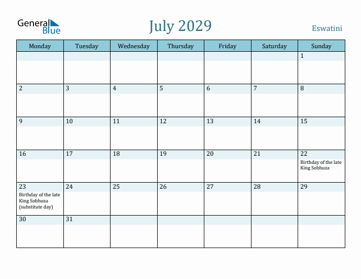 July 2029 Calendar with Holidays