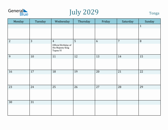 July 2029 Calendar with Holidays