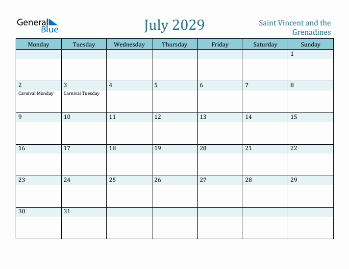 July 2029 Calendar with Holidays