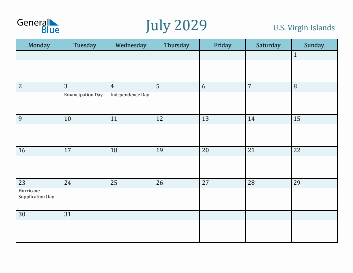 July 2029 Calendar with Holidays