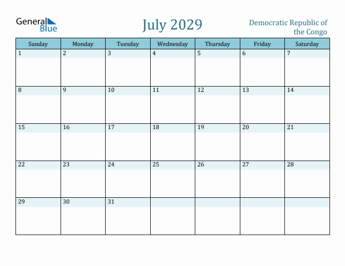 July 2029 Calendar with Holidays