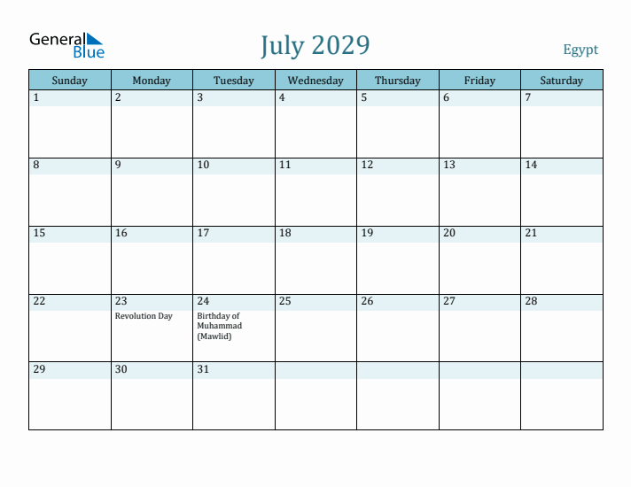 July 2029 Calendar with Holidays