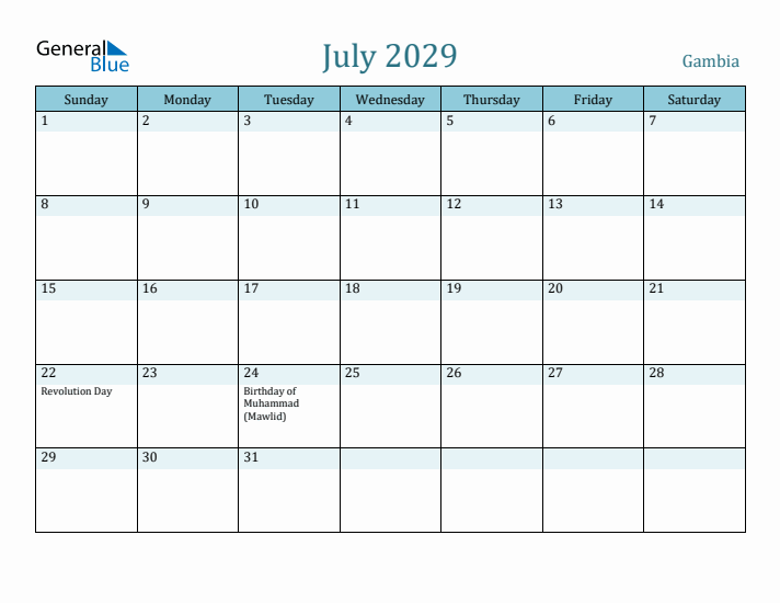 July 2029 Calendar with Holidays