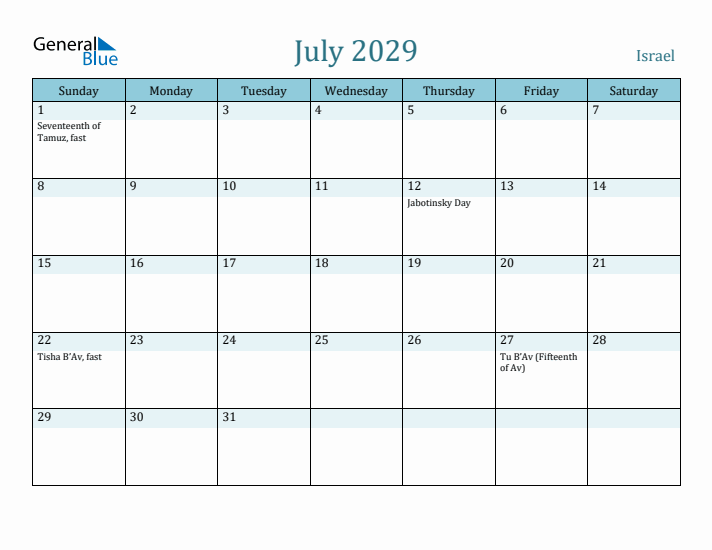 July 2029 Calendar with Holidays